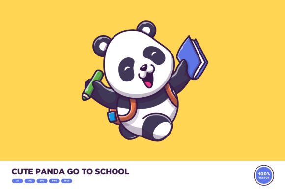 Cute Panda Go to School Graphics and Illustrations