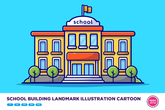 school building landmark illustration